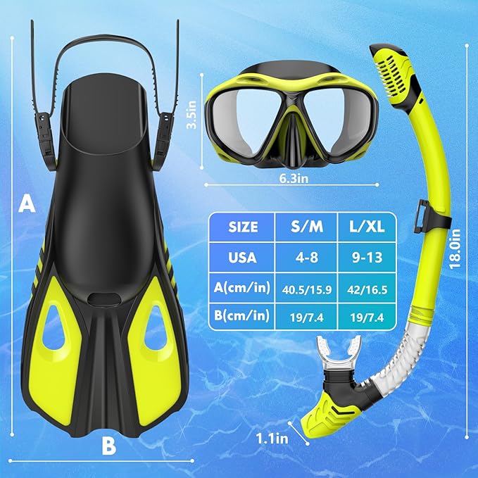 Snorkeling Gear for Adults Men Women, 3 in 1 Snorkel Set with Panoramic View Diving Mask Anti-Fog Anti-Leak, Snorkel Mask Dry Top Snorkel Fins for Swimming, Snorkeling and Travel Diving