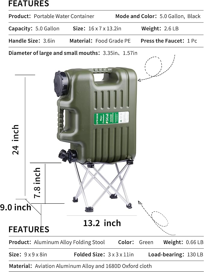 UPWOIGH 5 Gallon Water Jug with Spigot and Folding Stool – Leak-Proof, BPA-Free Portable Green Water Container with Stand, Large Outdoor Storage Tank for Camping, Hiking, RV, Travel, and Emergency Use