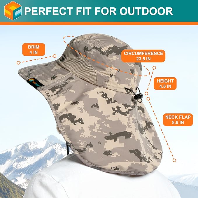SUN CUBE Wide Brim Sun Hat with Neck Flap, UPF50+ Hiking Safari Fishing Hat for Men Women, Sun Protection Beach Hat