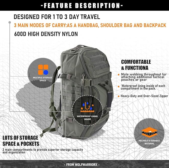 Miramrax Travel Duffle Bag Backpack for Men - Large Tactical Bags Weekender Gym Bag for Overnight Traveling Military Workout Deployment Sports (Green, 45L)