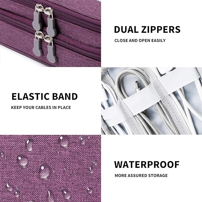 Lanola Travel Cable Organizer Bag, Electronic Accessories Case Portable Double Layer Cable Storage Bag for Cord,phone,Charger, Flash Drive, Phone, SD Card,Personal Items - (Purple)