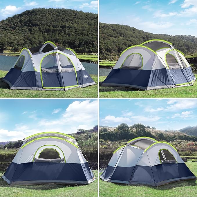 UNP Camping Tent 8/9 Person, Family Camping Tent, 5 Large Ventilation Mesh Windows, 14'x14'x78 inches Tall with Dividers Curtain for 2 Room