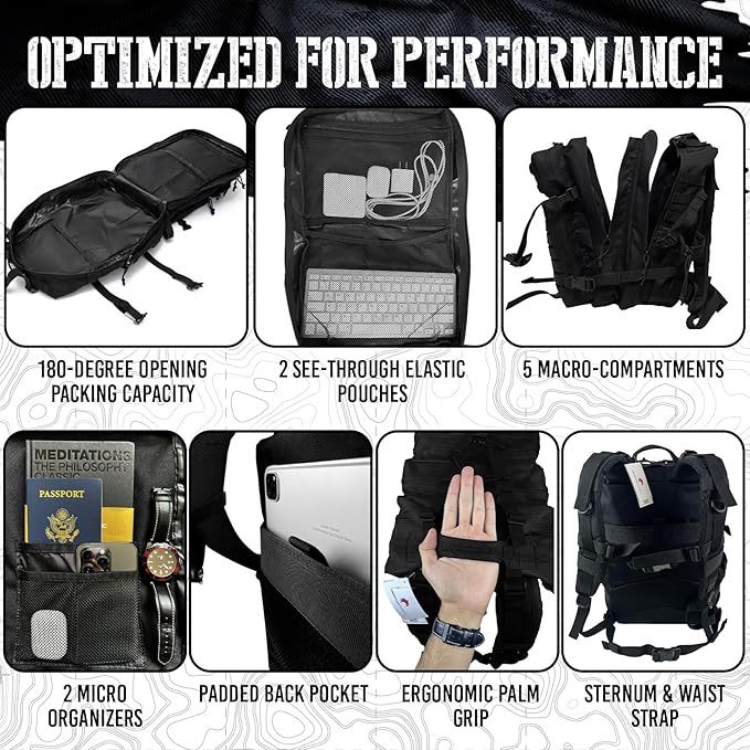 AMERICANPHOENIX 45L Elite Tactical Backpack | 3X Stronger Work & Military Backpack | Water Resistant and Heavy Duty | 3 Day MOLLE Bug Out Bag (Carbon Black)