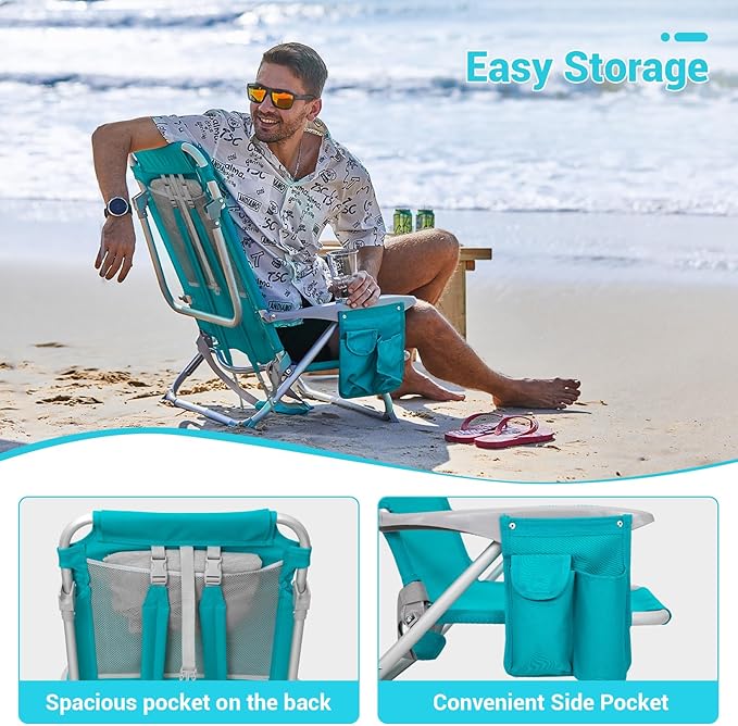 #WEJOY Folding Beach Chair for Adults, 4-Position Aluminum Lightweight Beach Chair, Low Sands Chairs with Shoulder Strap, Cup Holder and Padded Headrest, Supports 265lbs for Lawn