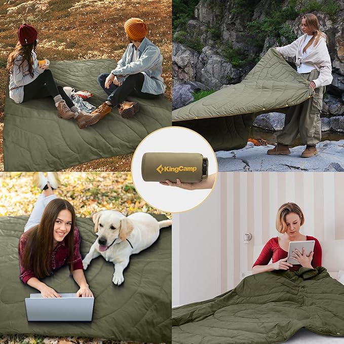 KingCamp Ultralight Camping Blanket, Packable Down Alternative Puffy Wearable Blankets Weatherproof Warm Package Quilt with Snap Buttons & Corner Loops for Outdoor Travel Stadium (69"L x 53"W, GREEN)