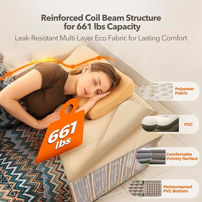 Luxury Air Mattress Set Queen air Bed with Built-in Rechargeable Detachable Pump, 661 lbs Strong Support Wireless Inflatable Mattress, Luxury Double Airbed Adjustable Blow Up Mattress