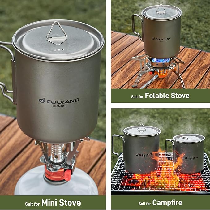 Odoland Titanium Camping Cookware 420ML & 750ML Titanium Pot with Lid and Spork Lightweight Camping Pot for Backpacking Hiking Traveling and Picnic