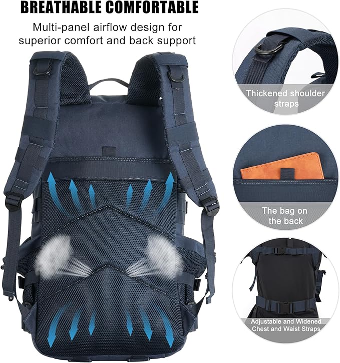Military Tactical Backpack 25L Day Backpack for Men Molle Army 3 Days Assault Pack Bug Out Bag Water Resistant and Heavy Duty Hiking Treeking Rucksack - Dark Blue