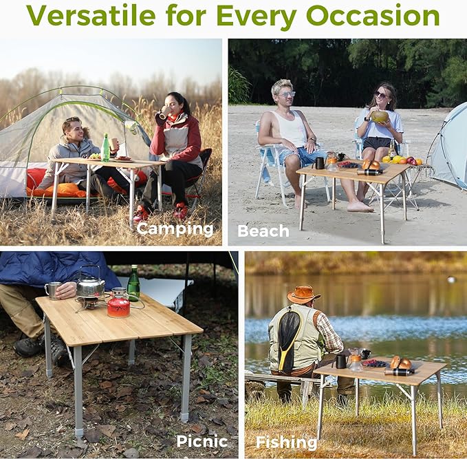ATEPA Bamboo Folding Table, 32 * 24'' Adjustable Height Folding Camping Table, Eco Friendly l Wooden Folding Table with Aluminum Legs, Carry Bag for Picnic Beach Fishing Outdoor Indoor, 2-4 Person