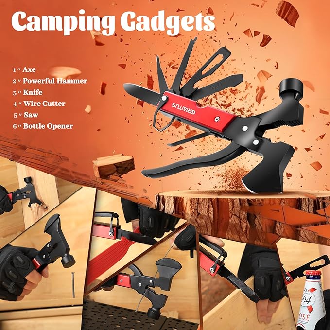Multitool Camping Accessories Survival Gear, 18 in 1 Camping Kit with Axe Hammer Saw Screwdrivers Pliers Bottle Opener, Knife, Unique Birthday Gifts for Men Dad