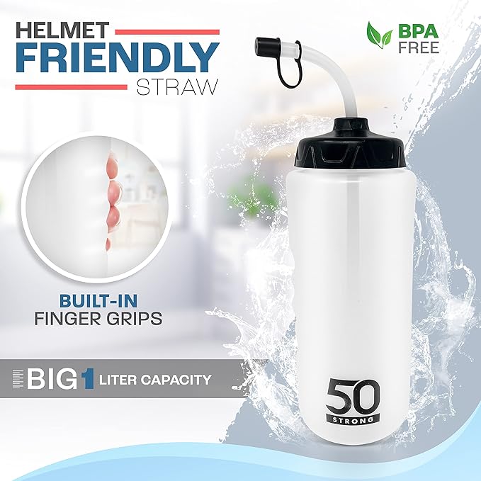 50 Strong 1 Liter Water Bottle with Straw – 18-Pack Easy-Squeeze Sports Bottles with Long Straw & Built-In Finger Grip – BPA-Free & Made in USA – Ideal for Hockey & Team Sports