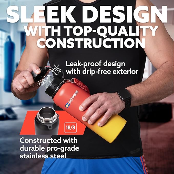 LUFT SWEDEN Stainless Steel Water Bottle – 40 oz Reusable Insulated Gym Bottle with Straw Lid | Leakproof, Dishwasher Safe, Double Wall Thermos for Cold Drinks – Matte Black