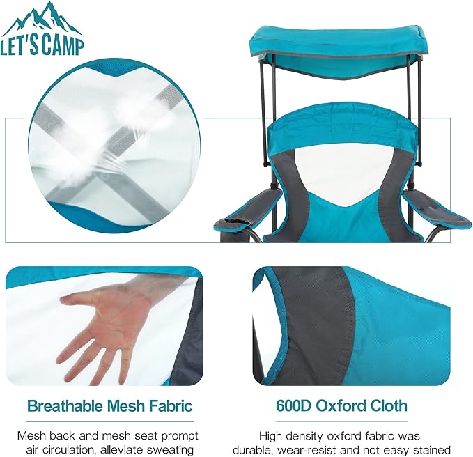 LET'S CAMP Camp Chair with Shade Canopy Folding Camping Chair with Cup Holder and Carry Bag for Outdoor Camping Hiking Beach, Heavy Duty 350 LBS