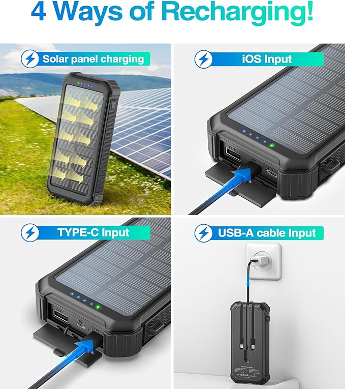 LATIMERIA 45800mAh Solar Charger Power Bank, Portable Phone Charger with 5V3.1A QC 3.0 Fast Charging, Solar Panel USB C in/Output for Cellphone, External Battery Pack with Dual Flashlights for Hiking