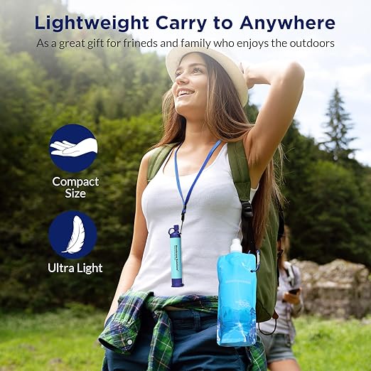 Membrane Solutions Squeezable Water Filtration System, Survival Water Purifier Kit, Portable Backpacking Gear Including Water Filter Straw and 23oz Collapsible Bottle for Hiking Camping Travel(1+6)