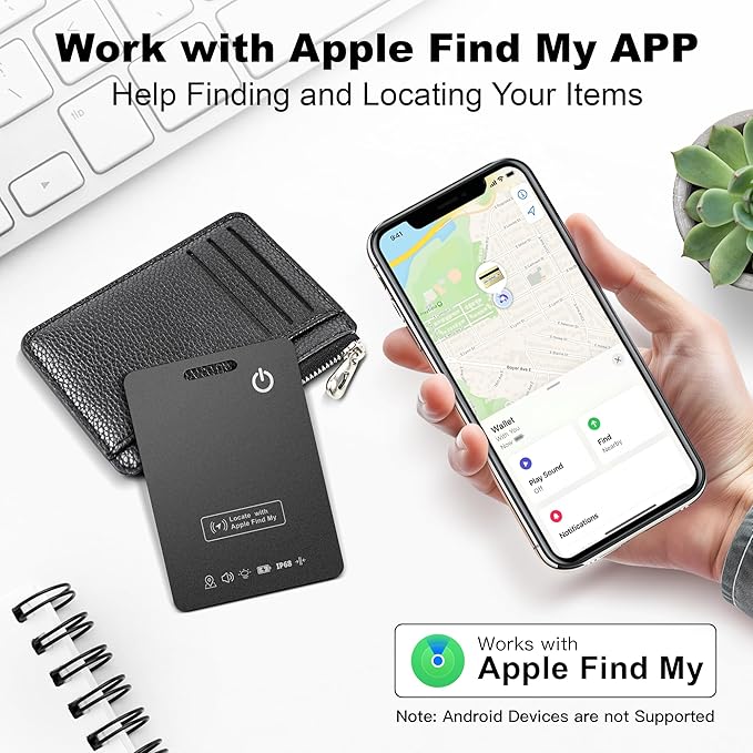 Wallet Tracker Card (iOS Only), Rechargeable Bluetooth Smart Tracking for Apple Find My Compatible Anti Tracker for Men Women Slim Item Locator for Purse Passport Key Luggage Tag (1Pcs/Black A)
