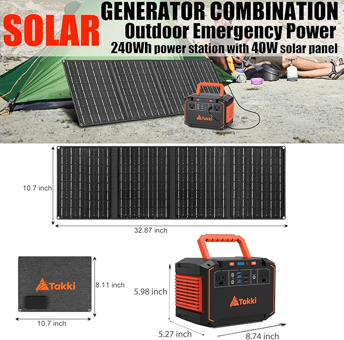 Takki 300W Portable Solar Generator 240Wh Portable Power Station with 40W Foldable Solar Panel, Power Bank with 110V AC Outlet USB DC for Emergency Outdoor Camping Home Use Blackout