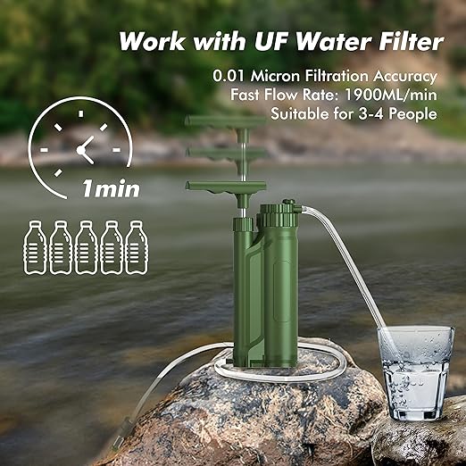 Water Filter Pump, 0.01 Micron 5-Stage Water Filter,Portable Outdoor Emergency and Survival Gear - Camping, Hiking, Backpacking (k8189 Green)