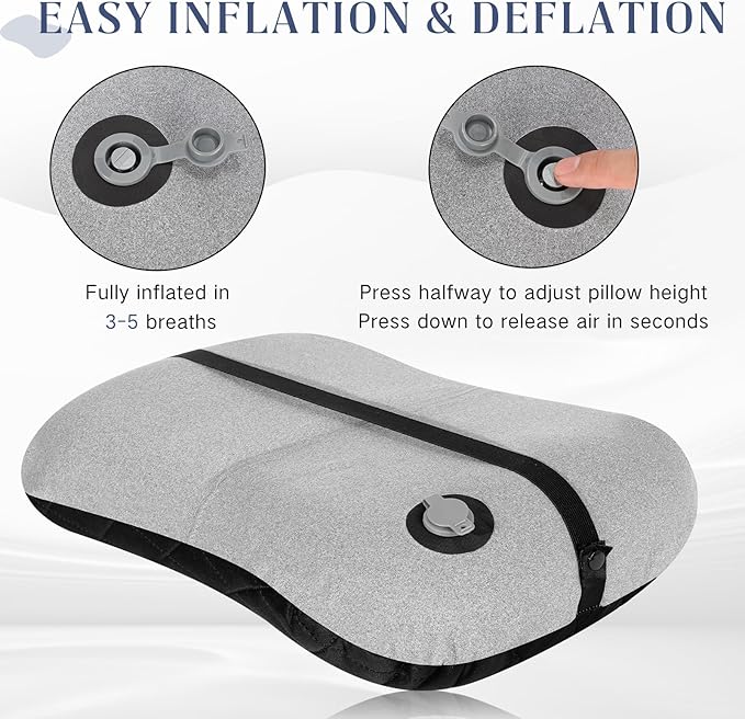 2 Pack Inflatable Travel Camping Pillow with Removable Cover Backpacking Blow up Neck Air Pillow Compressible for Lumbar Support Travel Hiking(Dark Grey)
