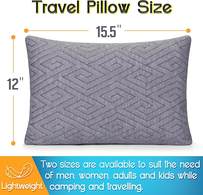 Travel Pillow for Sleeping Camping, Memory Foam Small Pillow with Breathable Cover for Backpacking, Airplane, Car (15.5 X 12 Inch)