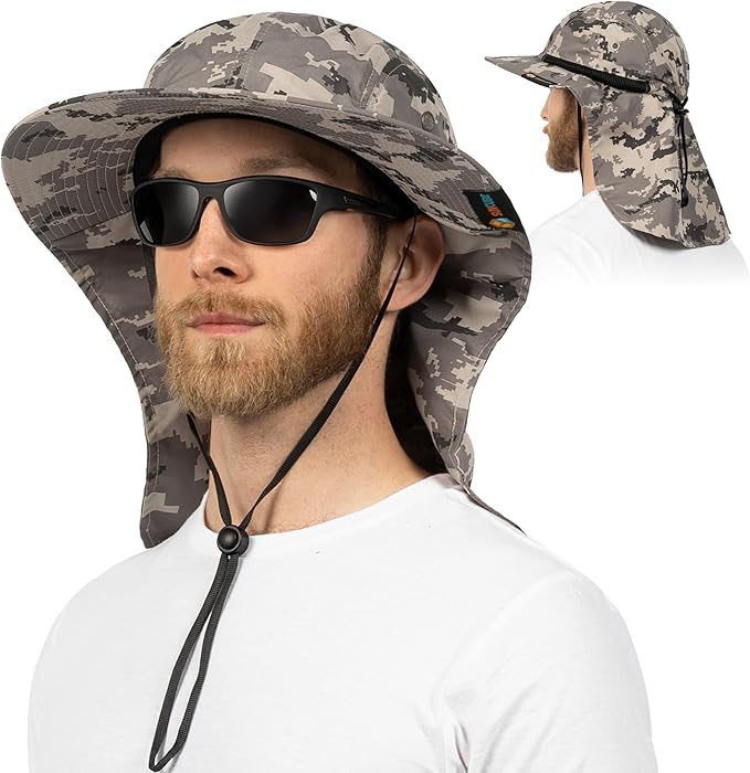 SUN CUBE Sun Hat for Men, Wide Brim Fishing Hat Neck Flap Cover Men, Women, Hiking, Camping, Sun Protection UV, Gardening