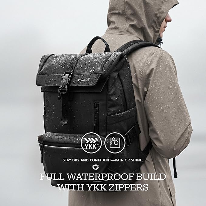 Verage Pulse 2-in-1 Roll Top Laptop Backpack 16″ with Detachable Everyday Sling Bag, Personal Item Size, Expandable Water-Resistant Travel Backpack for Airplane, Work & Daily Commute – Black