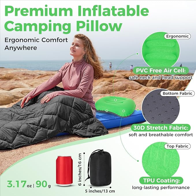 ATEPA Inflatable Camping Pillow, Ultralight Waterproof Travel Pillow with Ergonomic Support & Leak-Proof Air Valve, Compact Portable Pillow for Hiking Backpacking Tent Airplane Beach, Light Green