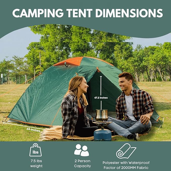 2 Person Tents for Camping, Camping Tent Double Layer Lightweight Waterproof Tent, Windproof with 10 Pegs & 2 Wind Ropes, Ventilated & Bug Free with 2 Mesh Doors for Backpacking, Camping,Hiking