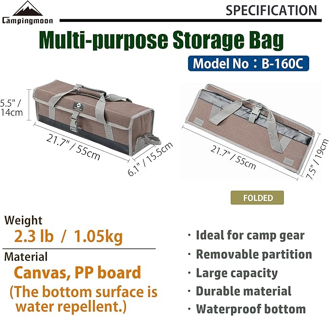 CAMPINGMOON 21.7-inch Bottom Waterproof Outdoor Camping Tent Stakes Hammer Multi-container Box Storage Bag B-160C