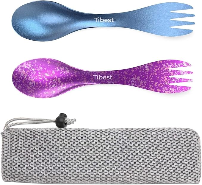 2 in 1 Titanium Spoon and Fork Combo Backpacking Utensils Lightweight Eco-Friendly Spork for Camping Backpacking Hiking Travel etc (2 Pack)