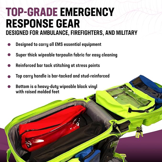 Kemp USA Ultimate EMS Backpack - Emergency Supplies - EMT Bag Fits BLS/ALS Equipment and D Tank Oxygen Cylinder - Multiple Grab Points, Chest & Waist Support Straps & Color-Coded Pouches (Neon Green)
