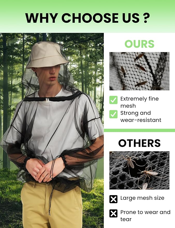 HENNCHEE Mosquito Suits for Adult, Mesh Net Bug Hooded Jacket Pant, Outdoor Full Body Protection Mosquito Proof Clothing