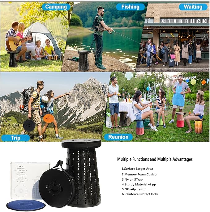 ALEVMOOM Upgraded 19.7" Collapsible Stool Portable,1000lbs Max Weight-Heavy Duty, Retractable Folding Stool with Cushion for Adults for Outdoor Fishing Hiking BBQ