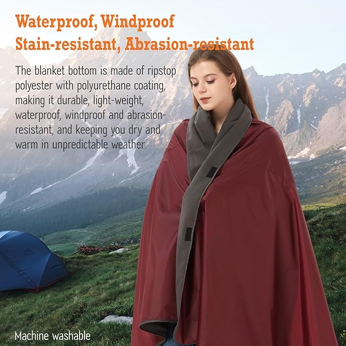 4-in-1 Large Camping Blankets - Waterproof, Windproof Fleece Outdoor Blankets for Stadium, Sports, Car, Concert - 81"x57", Portable (Antique Ruby)