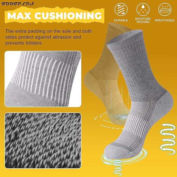 FOOTPLUS Hiking Copper Compression Socks,Unisex Cushioned Sole Arch Support Athletic Crew Running Socks