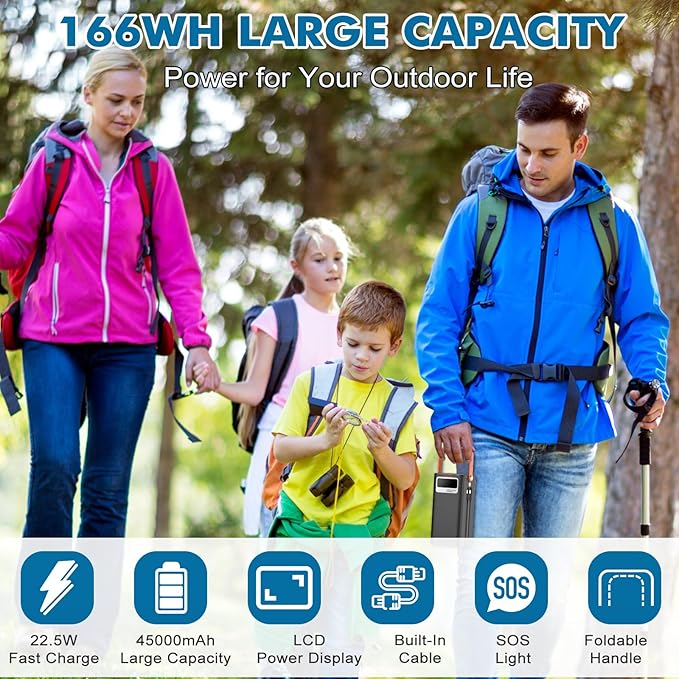 Portable Power Station 166Wh, 22.5W Fast Charging Power Bank with Built-in Cables for iPhone/Android/MacBook, 45000mAh Battery Solar Generator with LED Light for Camping & RV, Home, Travel