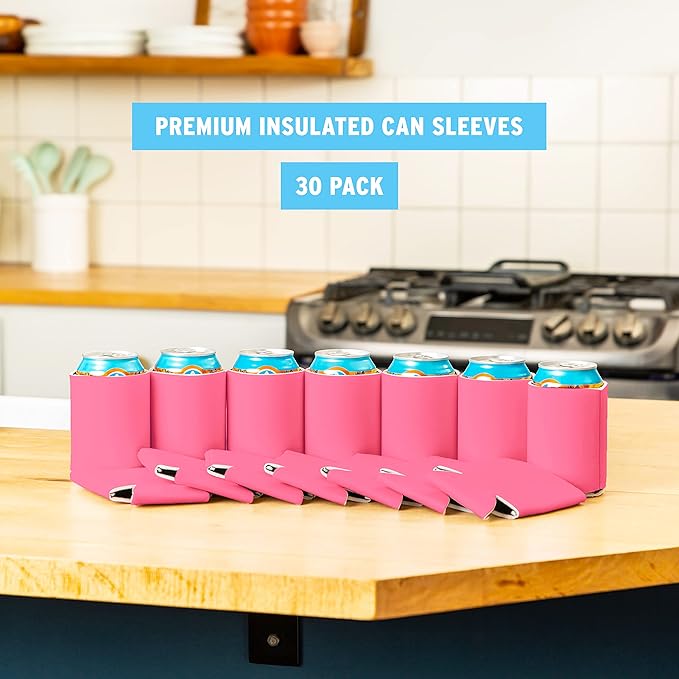 Blank Beer Can Coolers Sleeves (30-Pack) Soft Insulated Beer Can Coolies - HTV Friendly Plain Koolies in Bulk for Beer Cans & Bottles - Coolie Blanks for Vinyl Projects & Wedding Favors (Hot Pink)