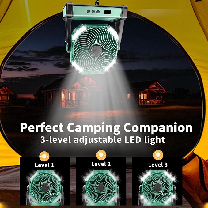 Camping Fan with Smart Voice， 22500mAh Battery Powered Portable Fan with Light&Hook, 5-Speed 270°Adjustable, Camping Essentials for Indoor, Tent, Travel, Patio, RVing, BBQ, Fishing, Jobsite