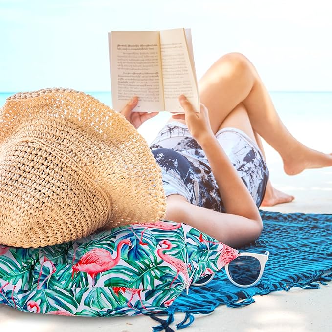 4 Pcs Inflatable Beach Pillow Portable Blow up Travel Camping Pillows with Covers for Hawaii Summer Pool Travel Vacations(Tropical Leaves)