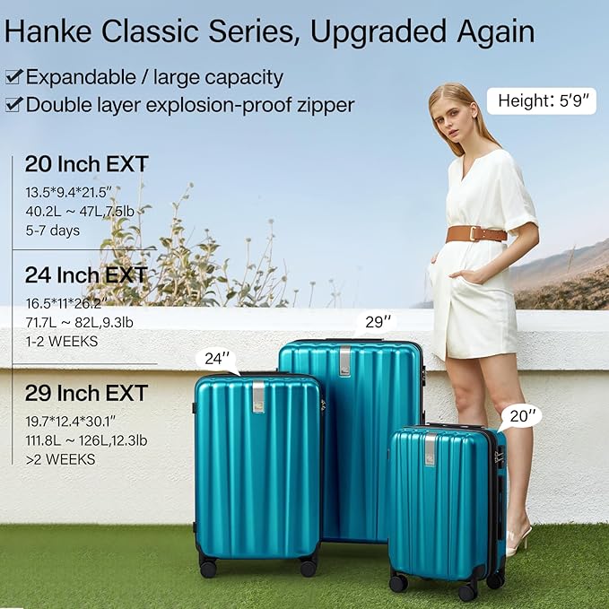 Hanke 20 Inch Expandable Carry on Luggage 22x14x9 Airline Approved Lightweight PC Hard Shell Suitcases with Wheels Tsa Luggage Rolling Suitcase Travel Luggage Bag for Weekender(Caribbean Blue)
