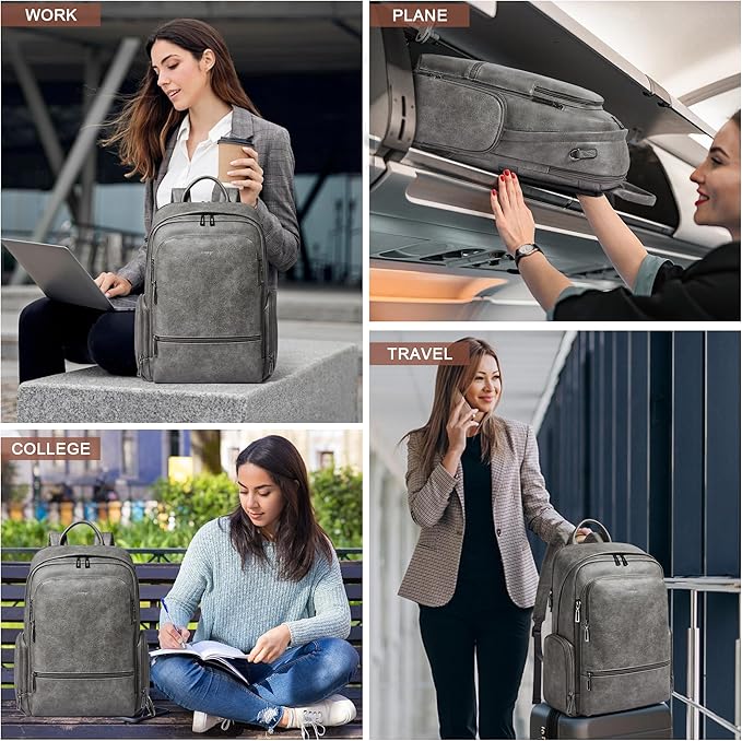 Leather Backpack for Women, Fits 15.6 Inch Laptop, Soft Vegan Leather Backpack for Travel and Daily Use, Grey