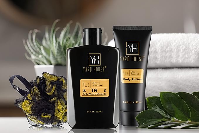 YARD HOUSE Bath and Body Gift Set for Men - Sandalwood Amber - Birthday, Christmas, Fathers Day Gifts From Wife Daughter Son for Husband, Dad - Relax Spa Kit w. Full Size Items in Deluxe Toiletry Bag