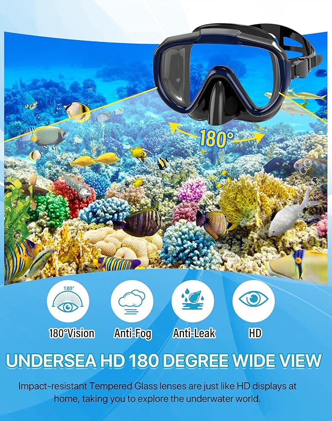 Snorkeling Gear for Adults Men Women,4 in 1 Snorkel Set with Panoramic View Diving Mask Anti-Fog Anti-Leak,Dry Top Snorkel,Fins and Travel Bag for Swimming,Snorkeling and Travel Diving