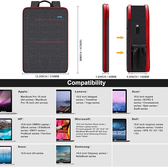 ZINZ Slim & Expandable Laptop Backpack 15 15.6 16 Inch Case, Water Resistant Travel Backpack Compatible with MacBook Pro/Neo 16" 15", Dell XPS 15 16 and Most 15" 15.6" 16" Notebooks，B01RD01