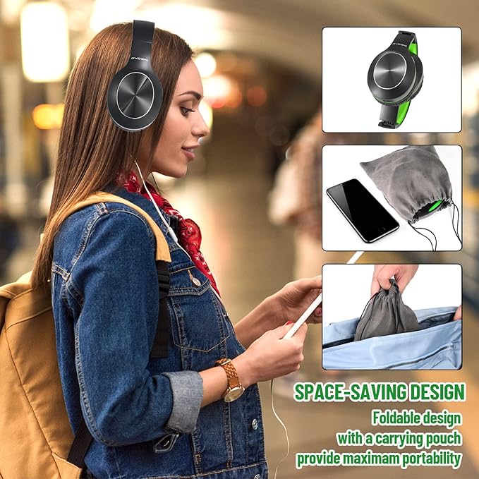 Rydohi Bluetooth Headphones Over Ear, 68H Playtime 3 EQ Music Modes Wireless Headphones with Microphone/Deep Bass, HiFi Stereo Foldable Headset for PC Home Travel Office (Black Green)