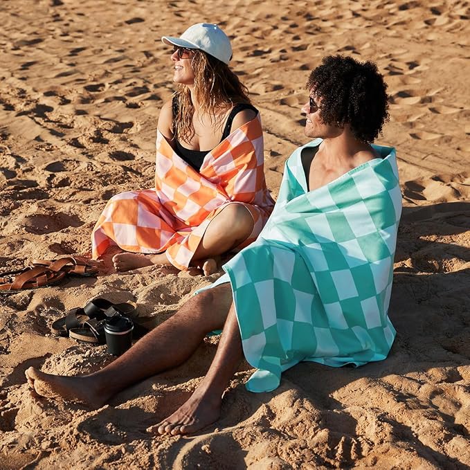 Dock & Bay Beach Towel - Quick Dry, Sand Free - Compact, Lightweight - 100% Recycled - Includes Bag - Groovy Check - Extra Large (200x90cm, 78x35)