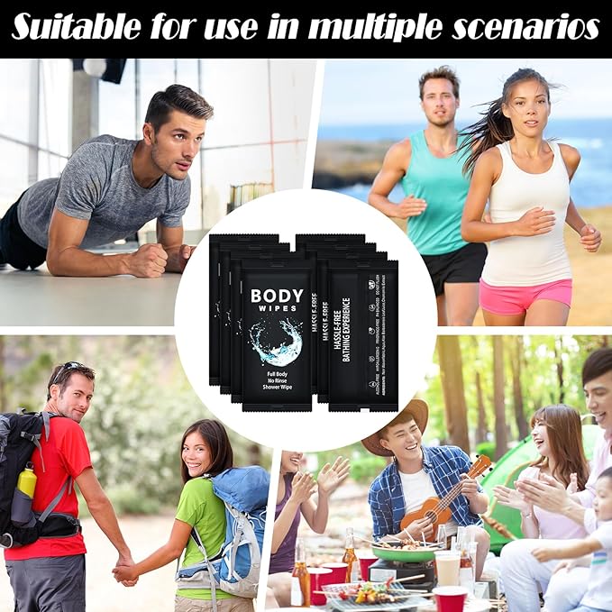 Treela 300 Pcs Bulk Deodorant Large Body Wipes Individually Wrapped Wet Wipes Travel Size for Adults Shower for Homeless Supplies Hygiene Personal Cleansing for Hiking Gym(12" X 12'',Black)