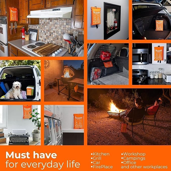 Supa Ant Emergency Fire Blanket for Home and Kitchen - 10 Pack 1500F High Visibility (Glow in The Dark) Smother Kitchen Fire Blanket - CE Certified Hero Fire Blankets Emergency for Home (47in)