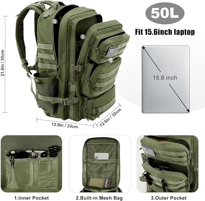 Military Tactical Backpack 50L Large Day Backpack for Men Molle Army 3 Days Assault Pack Bug Out Bag Water Resistant and Heavy Duty Hiking Treeking Rucksack - Dark Green