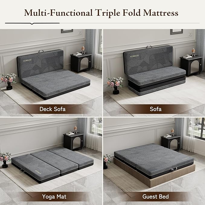 Tri Folding Memory Foam Mattress Full Size - Handle & Non-Slip Bottom, Portable Foldable Sofa Bed Floor Chair for Travel RV Camping Guest Yoga - 6 Inch, 73"x52"x6"